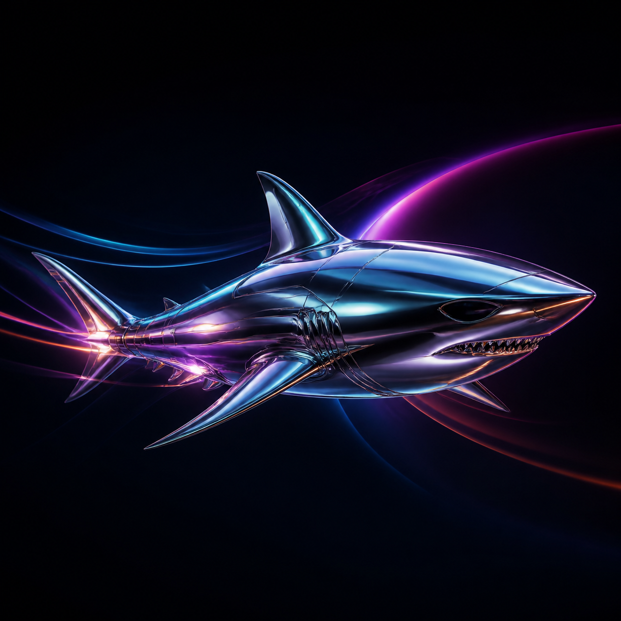 Chrome shark-shaped spacecraft artwork